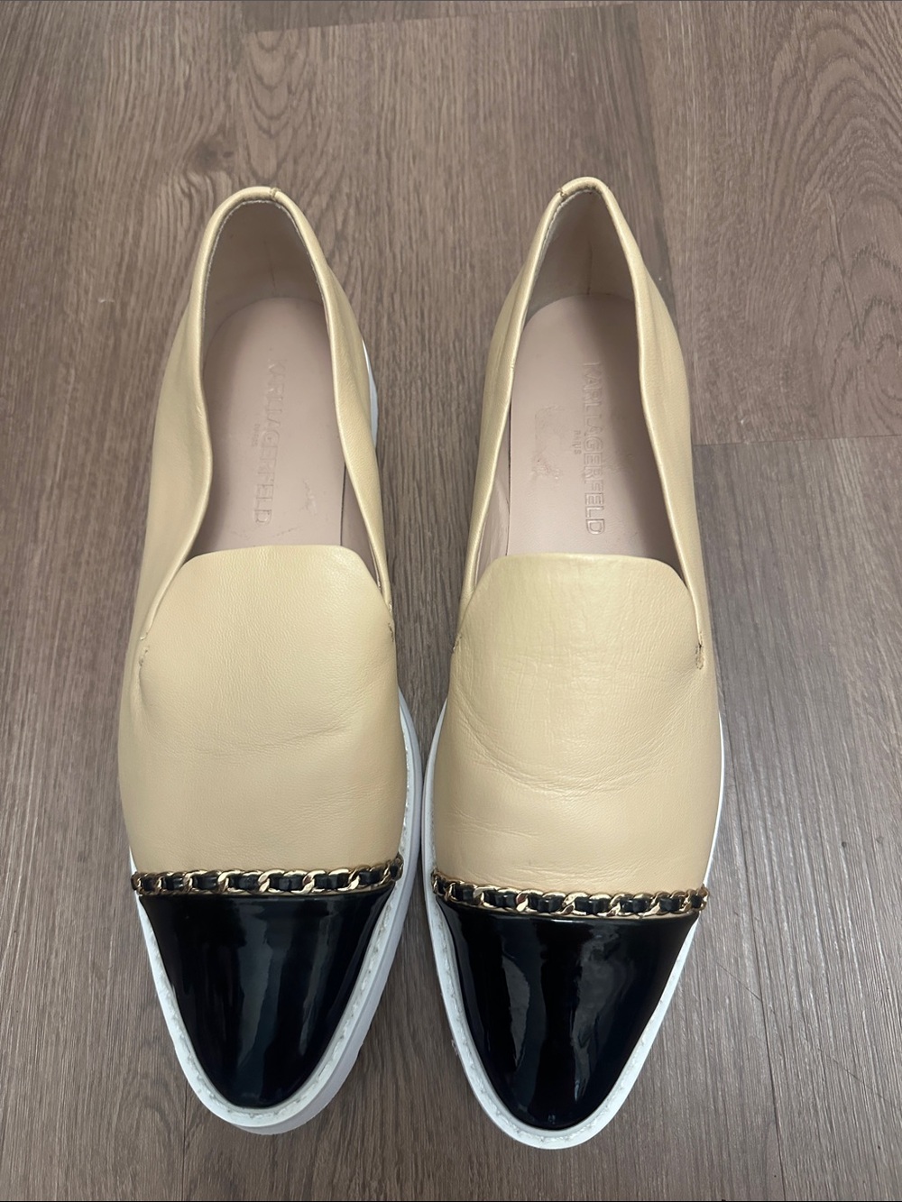 Karl Lagerfeld Beige Leather Loafers with Black Patent Toe and Gold Chain